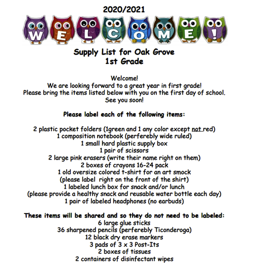 Tentative Supply List 